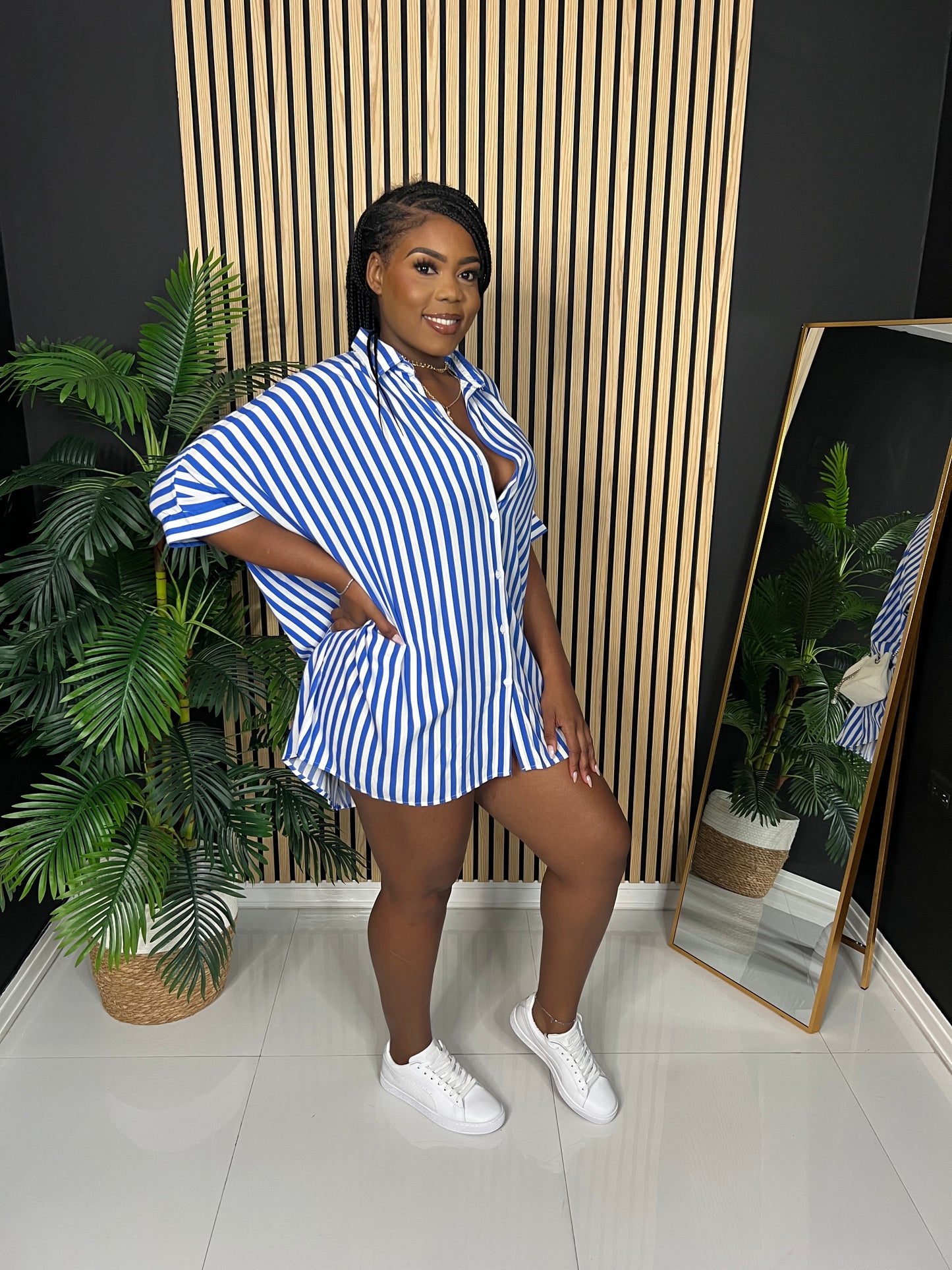 Striped Shirt Dress (Blue)