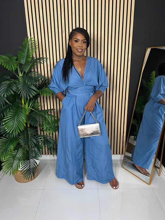 Denim V- Neck Jumpsuit (Denim)