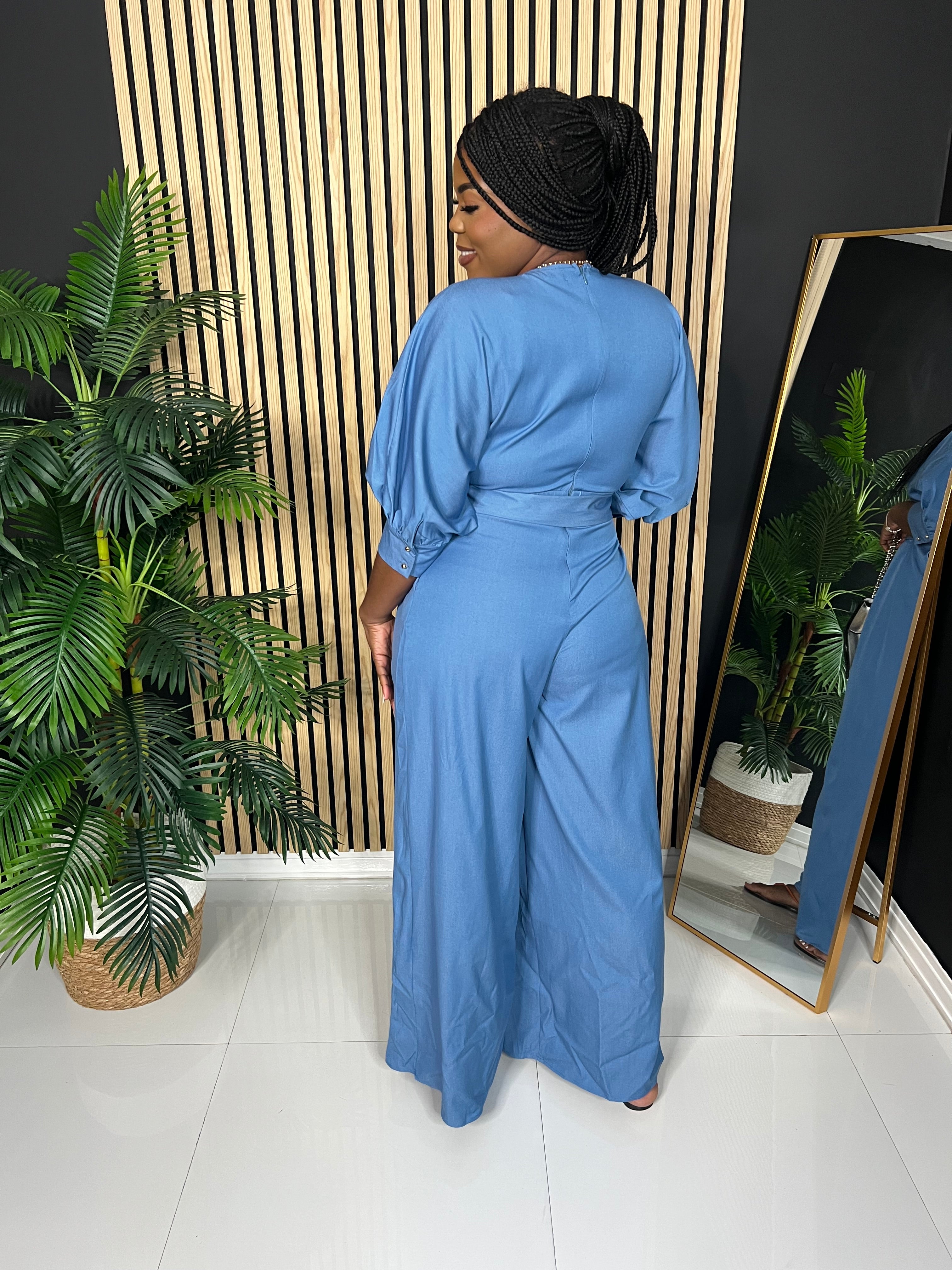 Denim V- Neck Jumpsuit (Denim)