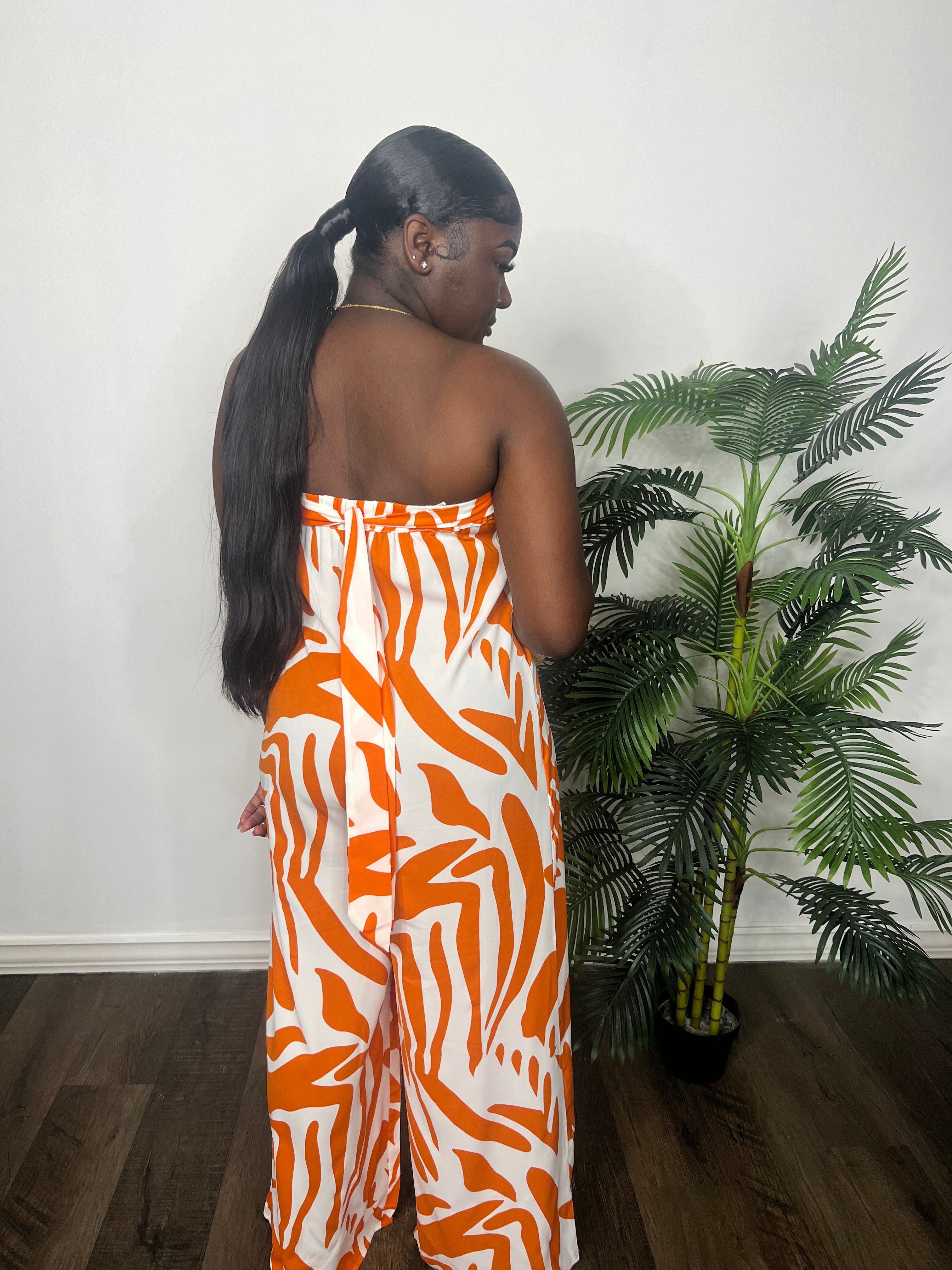 Printed Strapless Jumpsuit (Orange)