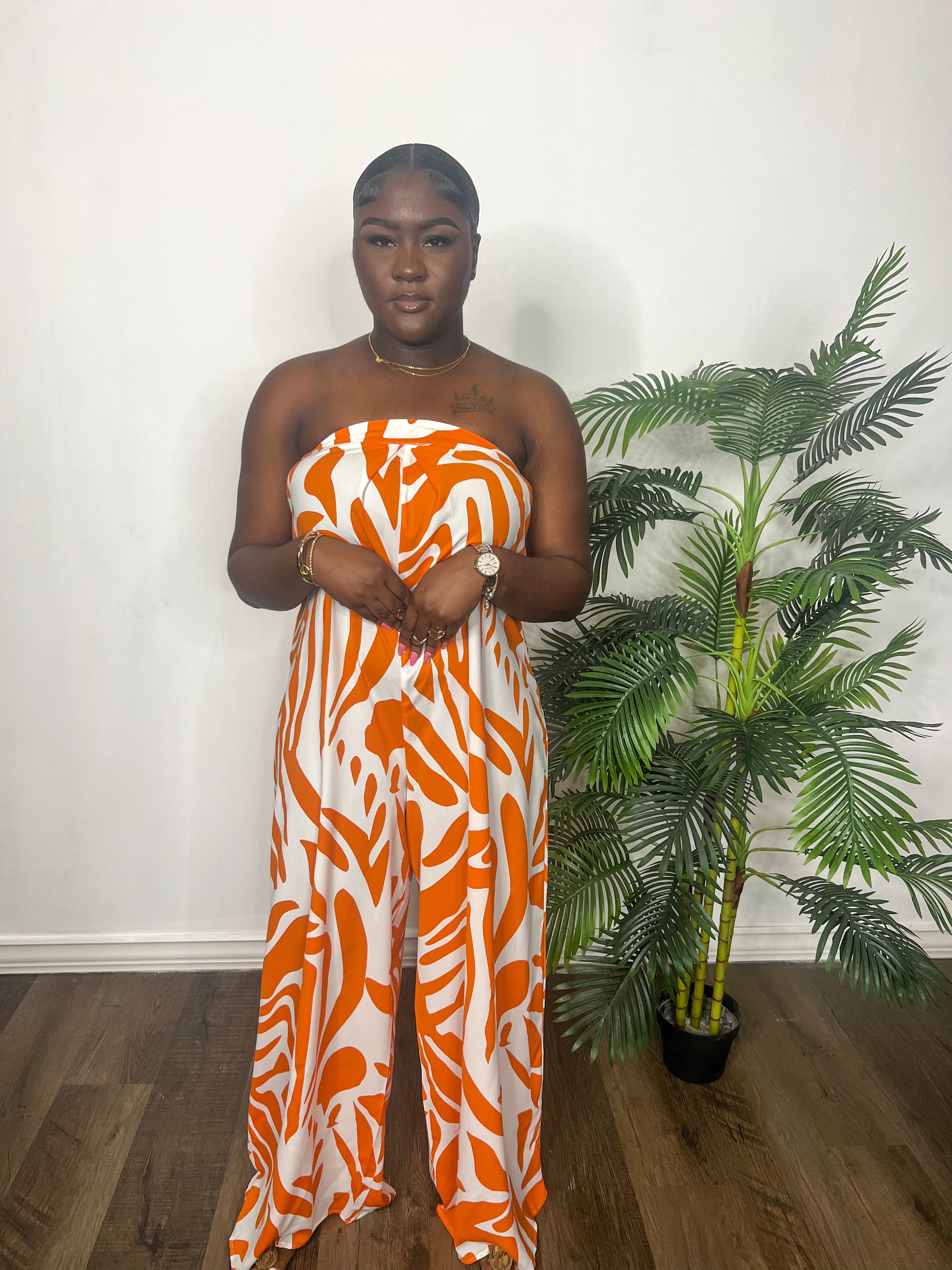 Printed Strapless Jumpsuit (Orange)