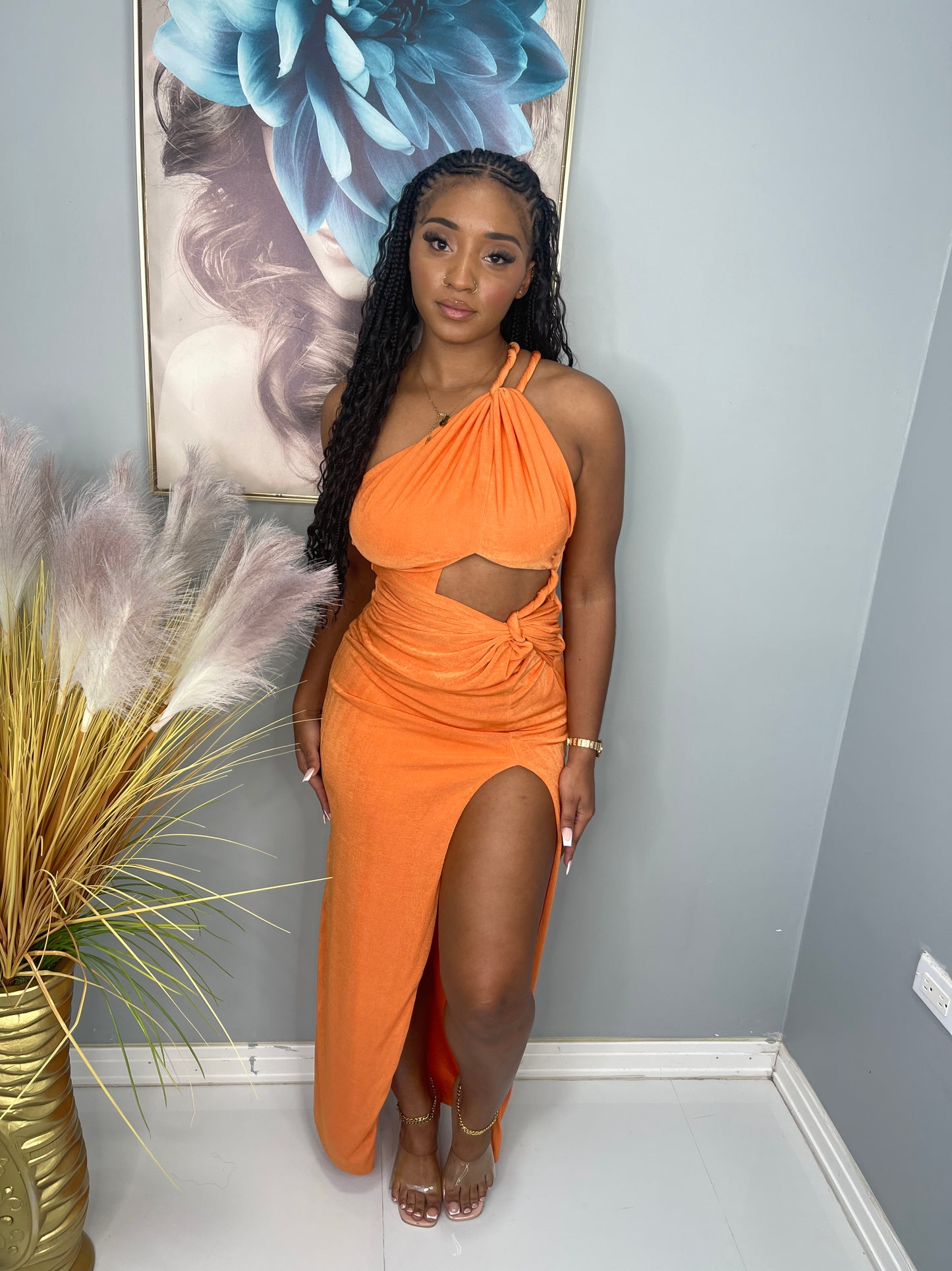 Twisted Split Maxi Dress (Orange)